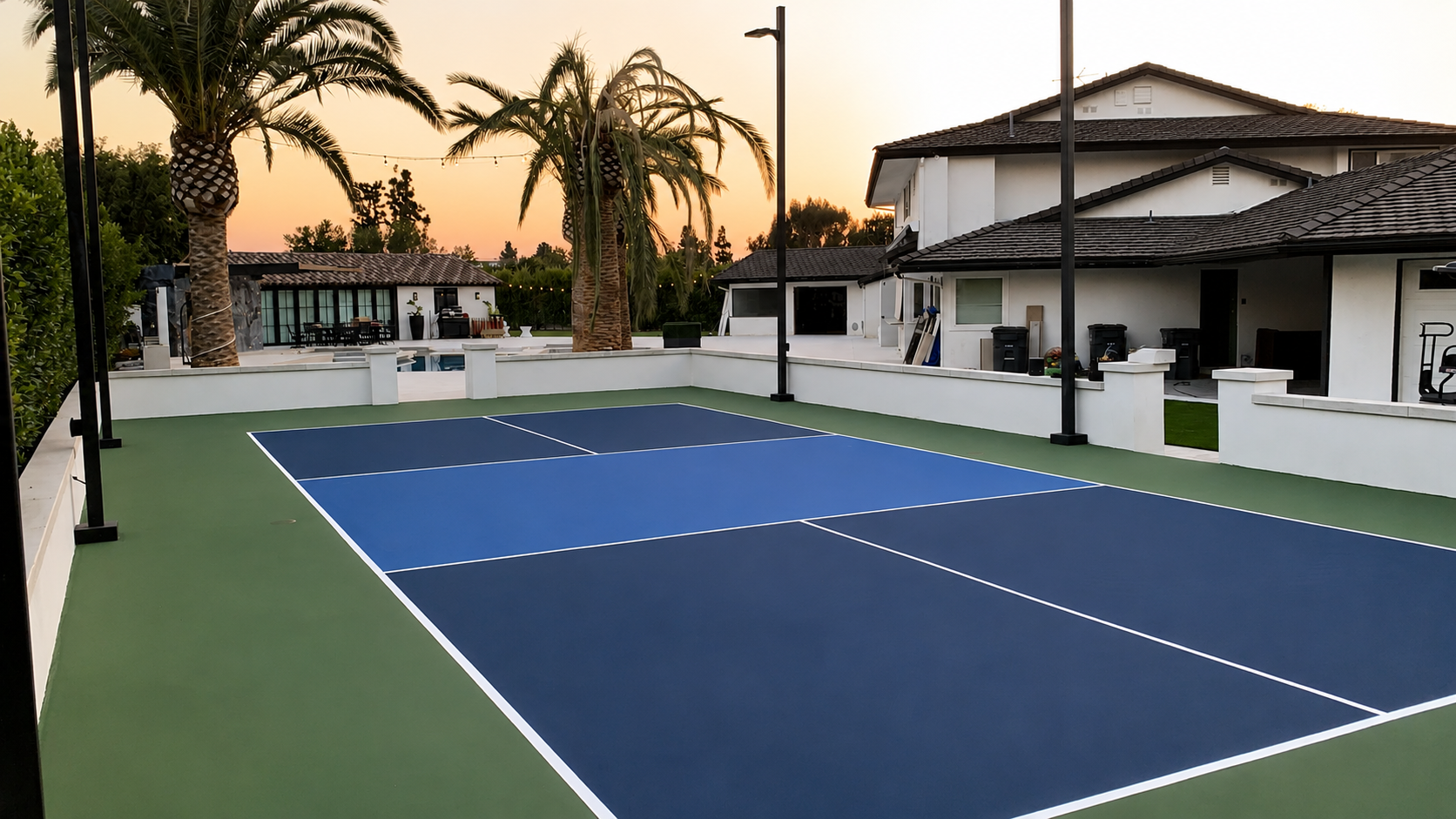 Trax-built backyard pickleball court at sunset in Southern California